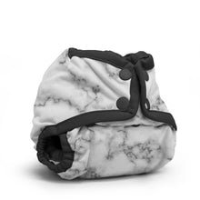 Load image into Gallery viewer, Rumparooz Newborn Cloth Diaper Cover by Kanga Care in the print called Polished with a white and gray marble pattern, accented by black elastic straps and black snap closures, shown on a clean white background.
