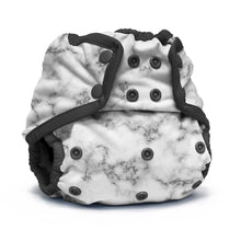 Load image into Gallery viewer, Rumparooz One Size Cloth Diaper Cover in the print Polished with a white and gray marble pattern and black trim, featuring multiple black snap closures, shown on a plain white background.
