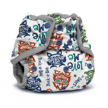 Load image into Gallery viewer, Rumparooz One Size Cloth Diaper Cover in the print Lil Monster Reboot with a white background and a colorful cartoon pattern featuring blue, orange, and green monsters, stars, and text. It has gray elasticized trim and snap closures.
