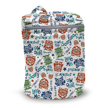 Load image into Gallery viewer, Kanga Care Wet Bag for cloth diapers in print Lil Monster Reboot featuring a colorful repeating pattern of cartoon monster faces and the words 'Love Me', 'Monster', 'Scary', and 'Too'.
