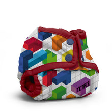 Load image into Gallery viewer, Rumparooz Newborn Cloth Diaper Cover by Kanga Care in the print called Block Party featuring a colorful Tetris block pattern on a white grid background with red elastic straps and snap closures.
