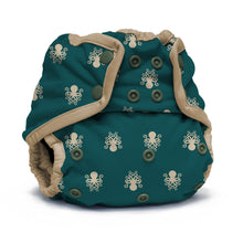 Load image into Gallery viewer, Rumparooz One Size Cloth Diaper Cover in the print Kraken with a dark teal green background, featuring a repeating cream octopus pattern and beige trim, secured with dark green snap buttons.

