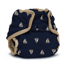 Load image into Gallery viewer, Rumparooz One Size Cloth Diaper Cover in the print Skipper with a beige sailboat pattern and beige trim, shown on a white background.

