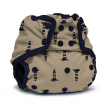 Load image into Gallery viewer, Rumparooz One Size Cloth Diaper Cover in the print Hope with a beige background printed with a navy blue lighthouse pattern, featuring dark navy trim and snap closures.
