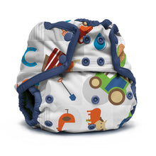 Load image into Gallery viewer, Rumparooz One Size Cloth Diaper Cover in the print Harvest with a white background and a colorful patchwork print of tractors, cows, chickens, pickups and tools, featuring dark blue trim and snap closures, shown on a white background.
