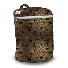 Load image into Gallery viewer, Kanga Care Wet Bag for cloth diapers in print White Rabbit with a brown and beige steampunk pattern featuring gears, cogs, and small red accents, shown on a white background.
