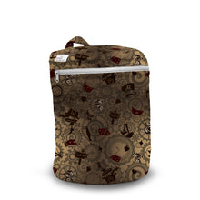 Load image into Gallery viewer, Kanga Care Wet Bag Mini for cloth diapers in the print White Rabbit with a steampunk-themed print featuring gears, clocks, flags, and dice in brown, beige, and red tones, shown on a white background.
