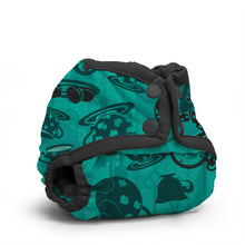Load image into Gallery viewer, Rumparooz Newborn Cloth Diaper Cover by Kanga Care in the print called Hatter from Alice and Wonderland with a teal and black space-themed pattern featuring teapots and tea cups.
