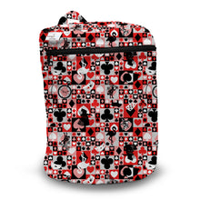 Load image into Gallery viewer, Kanga Care Wet Bag for cloth diapers in print Queen of Hearts Alice in Wonderland style featuring a red, black, and white playing card pattern with illustrations of suits, hearts, and queens, shown on a white background.
