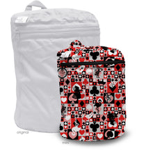Load image into Gallery viewer, Kanga Care Wet Bag Mini for cloth diapers in the print Queen of Hearts with a red, black, and white playing card pattern stands in front of a larger white compressed laundry bag labeled 'original'. The patterned bag is labeled 'mini'.
