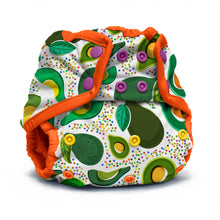 Load image into Gallery viewer, Rumparooz One Size Cloth Diaper Cover in the print Freshavacado with a white background and a colorful avocado print, featuring bright orange trim and purple snap closures, shown on a clean white background.
