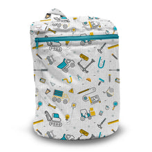 Load image into Gallery viewer, Kanga Care Wet Bag for cloth diapers in print Nuts and Bolts with a teal zipper and an all-over construction-themed print featuring yellow, blue, and gray tools and equipment, shown on a white background.
