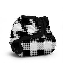 Load image into Gallery viewer, Rumparooz Newborn Cloth Diaper Cover by Kanga Care in the print called Buffalo with a black and white buffalo plaid pattern, featuring black elastic straps and a black drawstring closure, shown on a plain white background.

