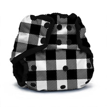 Load image into Gallery viewer, Rumparooz One Size Cloth Diaper Cover in the print Buffalo with a black and white buffalo plaid pattern, featuring black elastic straps and snap closures, shown on a plain white background.
