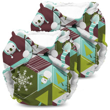 Load image into Gallery viewer, Lil Joey Newborn and preemie AIO cloth Diaper by Kanga Care in Frolic with a winter holiday geometric pattern, featuring snowman and snowflake motifs in green, teal, burgundy, and white.
