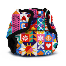 Load image into Gallery viewer, Rumparooz One Size Cloth Diaper Cover in the print Resolution with a vibrant, multicolor retro patchwork pattern featuring geometric shapes, flowers, and hearts, accented with black elastic straps and colorful plastic snap buttons.
