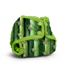 Load image into Gallery viewer, Rumparooz Newborn Cloth Diaper Cover by Kanga Care in the print called Prickles with a green cactus print, featuring bright lime green straps and snap closures, shown on a white background.
