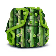 Load image into Gallery viewer, Rumparooz One Size Cloth Diaper Cover in the print Prickles designed to look like a green cactus, featuring vertical green stripes, faux spines, and a bright green elastic strap closure, shown on a white background.
