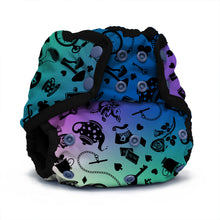 Load image into Gallery viewer, Rumparooz One Size Cloth Diaper Cover in the print Muchness from Alice and Wonderland with a colorful gradient background transitioning from teal to purple, decorated with black Alice in Wonderland-themed illustrations like teacups, hearts, and a key. It features black trim and silver snap closures.
