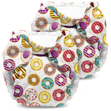 Load image into Gallery viewer, Lil Joey Newborn and preemie AIO cloth Diaper by Kanga Care in Frosted with a colorful donut print on a white background, featuring purple snap closures.
