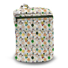 Load image into Gallery viewer, Kanga Care Wet Bag for cloth diapers in print Tweet with a colorful cartoon pattern of animals and suns on a white background, featuring a dark green zipper and top handle.
