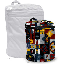 Load image into Gallery viewer, Kanga Care Wet Bag MIni for cloth diapers in the print called Hans with a colorful geometric-patterned bag next to a white original bag on a white background

