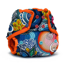 Load image into Gallery viewer, Rumparooz One Size Cloth Diaper Cover by Kanga Care print called Whimsical with a Colorful patterned cloth diaper with orange trim on a white background

