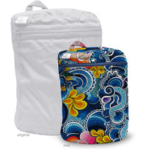 Load image into Gallery viewer, Kanga Care Wet Bag MIni for cloth diapers in the print called Whimsical with a colorful patterned bag next to a plain white bag on a white background
