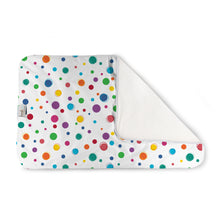 Load image into Gallery viewer, Kanga Care Changing Pad and Sheet Saver in the print called Brightly with a white background and a colorful polka dot pattern, shown with one corner folded over to reveal a plain white reverse side. A small fabric tag is visible on the left edge.
