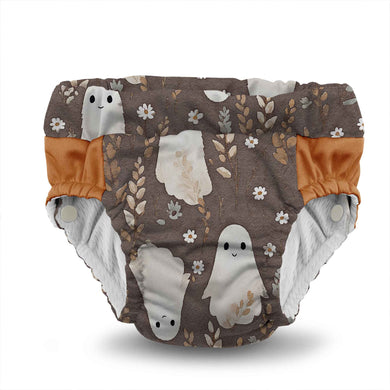 Lil Learnerz Training Pants and Swim Diaper Boo print featuring ghost pattern on a fall foliage background