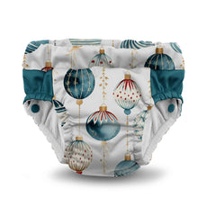 Load image into Gallery viewer, Lil Learnerz Training Pants and Swim Diapers by Kanga Care in Christmas print called Glaskugeln with blue and red ornament pattern on a white background
