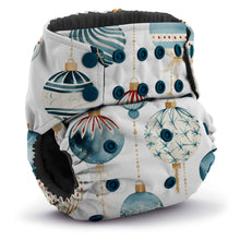 Load image into Gallery viewer, Rumparooz OBV Cloth Pocket Diaper by Kanga Care in Christmas print called Glaskugeln with blue and red ornament pattern on a white background

