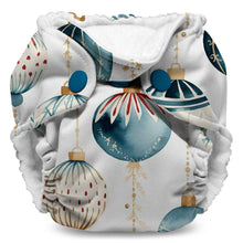 Load image into Gallery viewer, Lil Joey preemie &amp; newborn AIO cloth diaper by Kanga Care Christmas print called Glaskugeln with blue and red ornament pattern on a white background
