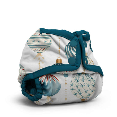 Rumparooz Newborn Cloth Diaper Cover by Kanga Care in Christmas print called Glaskugeln with blue and red ornament pattern on a white background