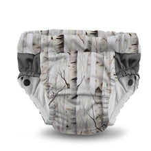 Load image into Gallery viewer, Lil Learnerz Training Pants and Swim Diapers by Kanga Care in Christmas print called Aspenglow with aspen trees during fall on a white background
