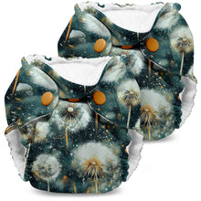 Load image into Gallery viewer, Newborn and preemie Lil Joey cloth diaper with dandelion pattern on a navy background
