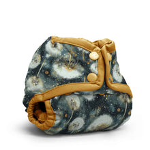 Load image into Gallery viewer, Newborn Cloth Diaper Cover with dandelion pattern and yellow trim on a navy background

