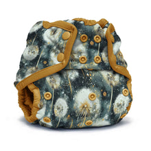 Load image into Gallery viewer, One Size Cloth Diaper Cover with dandelion pattern and yellow trim on a navy background
