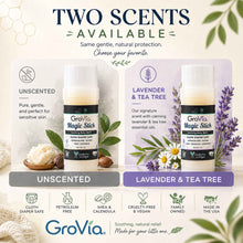 Load image into Gallery viewer, GroVia Magic Stick packaging with unscented and lavender &amp; tea tree scents, featuring natural elements and branding.
