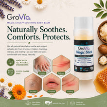 Load image into Gallery viewer, GroVia Magic Stick Soothing Baby Balm with natural ingredients and benefits on a white background.
