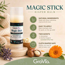 Load image into Gallery viewer, GroVia Magic Stick Diaper Balm with natural ingredients and benefits on a beige background
