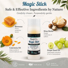 Load image into Gallery viewer, GroVia Magic Stick with natural ingredients and benefits on a white background
