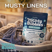 Load image into Gallery viewer, GroVia Mighty Bubbles Deep Clean packaging in a laundry basket with text 'Musty Linens'.
