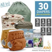 Load image into Gallery viewer, All in Kanga Care bundle for Rumparooz AWJ Athletic Wicking Jersey One Size Pocket Cloth Diapers with Accessories Pail Liner, Wet Bag, Wet Bag Mini, Changing Pads and BioLiners
