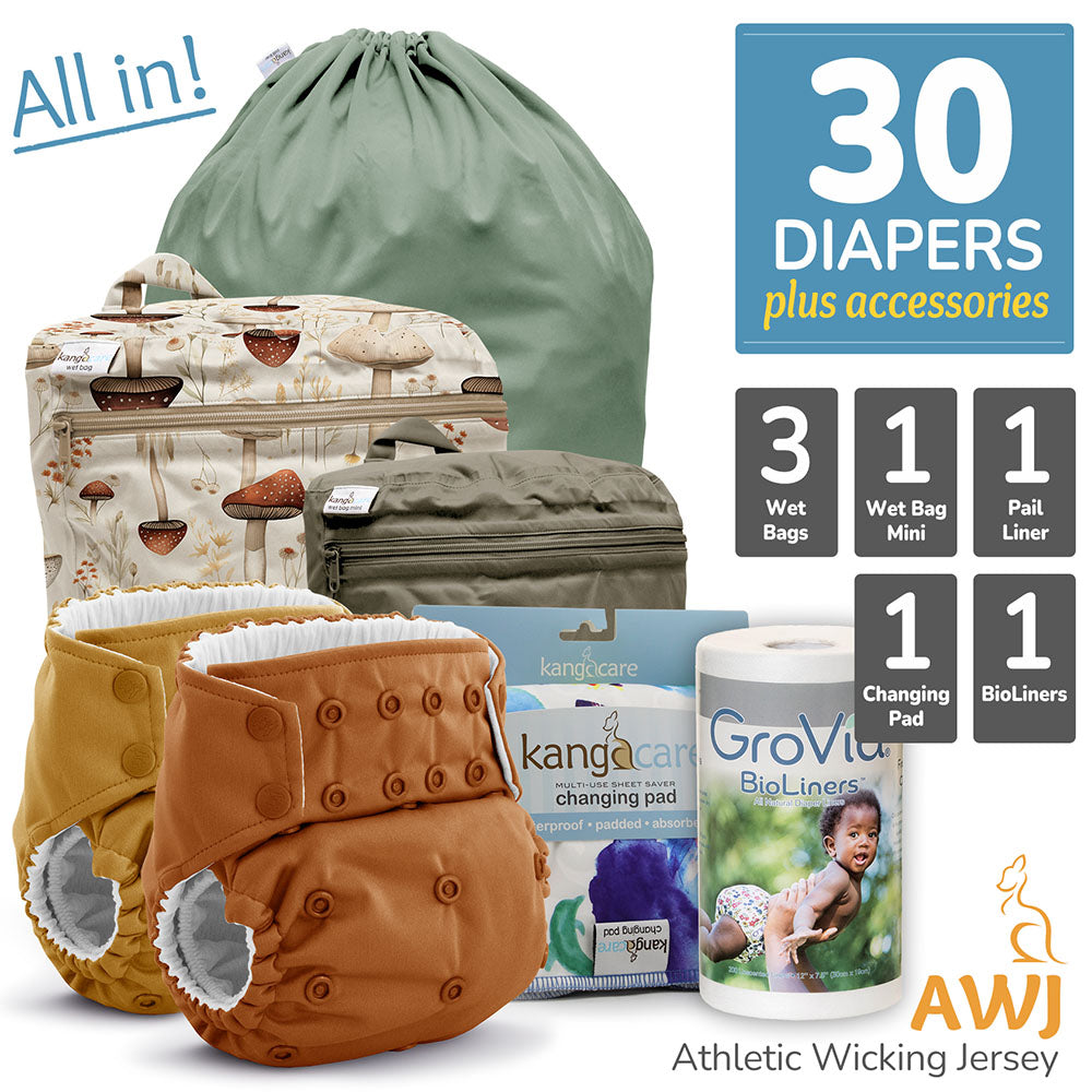 All in Kanga Care bundle for Rumparooz AWJ Athletic Wicking Jersey One Size Pocket Cloth Diapers with Accessories Pail Liner, Wet Bag, Wet Bag Mini, Changing Pads and BioLiners