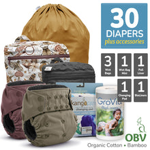 Load image into Gallery viewer, All in Kanga Care bundle for Rumparooz OBV Organic Bamboo Velour One Size Pocket Cloth Diapers with Accessories Pail Liner, Wet Bag, Wet Bag Mini, Changing Pads and BioLiners
