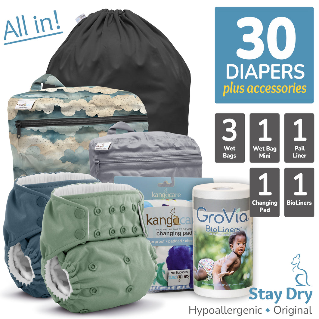 All in Kanga Care bundle for Rumparooz Stay Dry One Size Pocket Cloth Diapers with Accessories Pail Liner, Wet Bag, Wet Bag Mini, Changing Pads and BioLiners