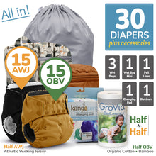 Load image into Gallery viewer, All in Kanga Care bundle for Rumparooz OBV and AWJ Athletic Wicking Jersey One Size Pocket Cloth Diapers with Accessories Pail Liner, Wet Bag, Wet Bag Mini, Changing Pads and BioLiners
