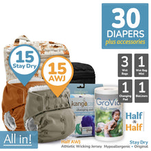 Load image into Gallery viewer, Kanga Care Rumparooz One Size Pocket Cloth Diaper Stay Dry Microchamois Hypoallergenic and Athletic Wicking Jersey AWJ Bundle with Kanga Care Wet Bag, Wet Bag Mini, Changing Pad and GroVIa BioLiners
