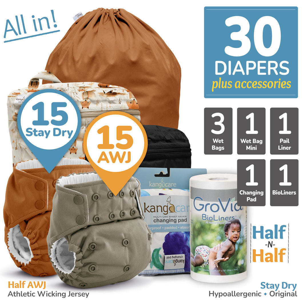 All in Kanga Care bundle for Rumparooz AWJ Athletic Wicking Jersey and Stay Dry One Size Pocket Cloth Diapers with Accessories Pail Liner, Wet Bag, Wet Bag Mini, Changing Pads and BioLiners
